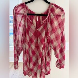 Free People Pink and Cream Checkered Blouse